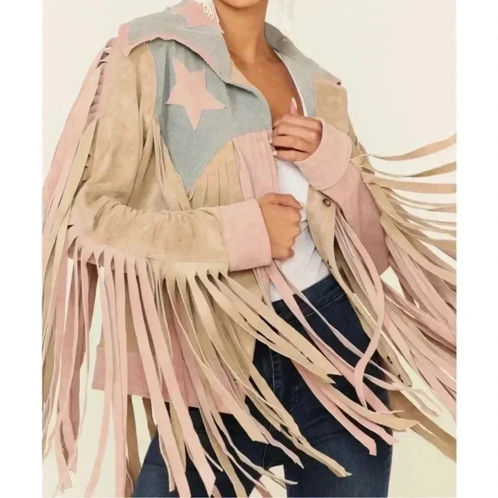 Understated Leather  American Woman Fringe Jacket Rose Smoke Dust Size XL NWOT